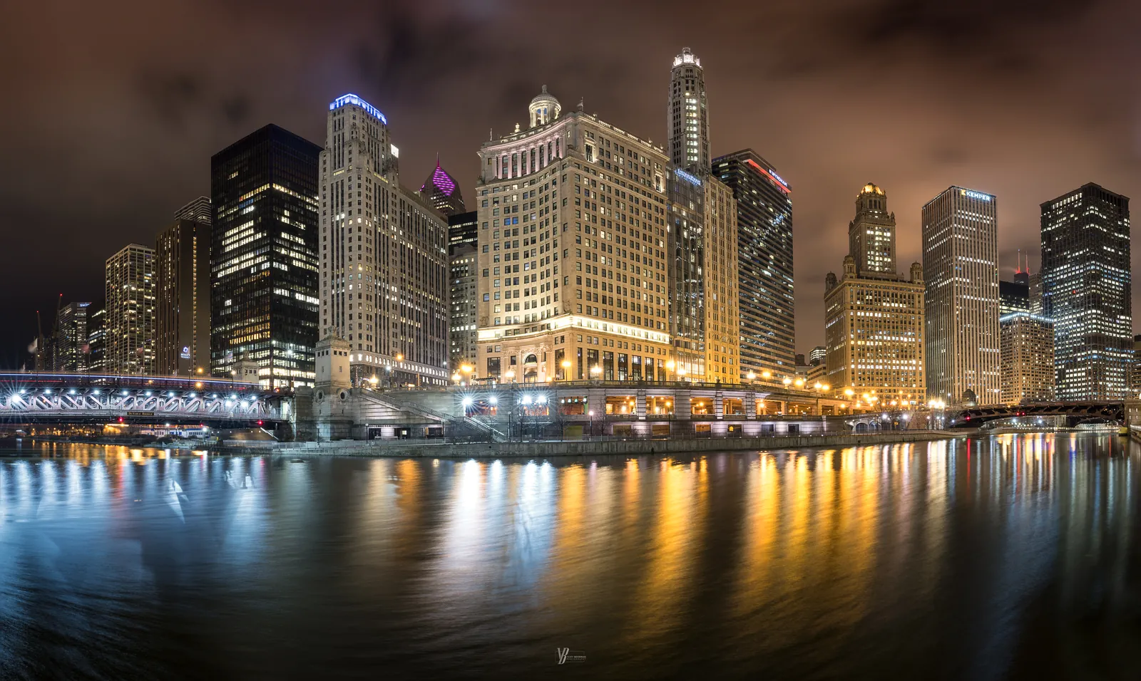 Chicago River at Night, Chicago, Illinois, photograph by Yaniv Bekerman
